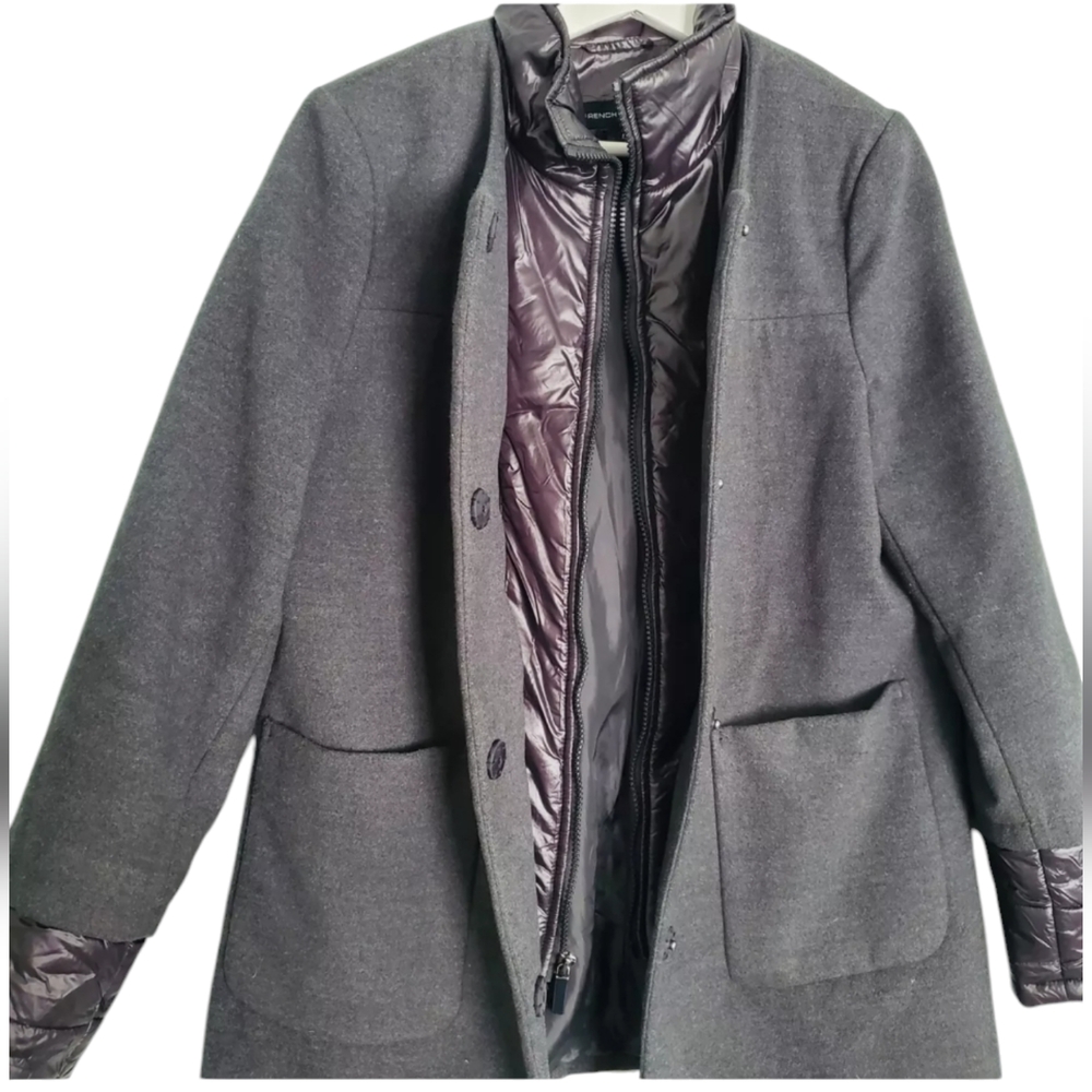 French Connection Charcoal Coat with Black Puffer Dickey L